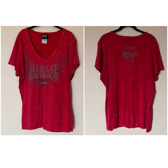 Harley-Davidson V-Neck Logo Wings Graphic T-Shirt Tee Acid Wash Distressed Red - Picture 4 of 16